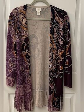 Chico's Purple and Gold Jewel Tone Paisley Cardigan